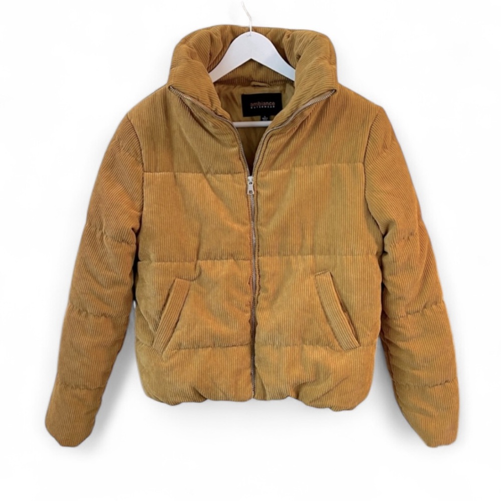 Ambiance Outerwear Soft Mustard Cropped Corduroy Puffer Jacket Fall Coat Sz L